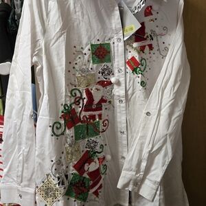 Berek Studio Womens Festive White Christmas Shirt with Santa and Gifts